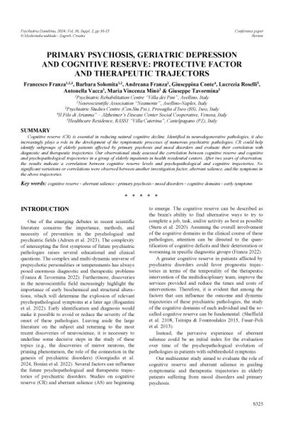 Primary psychosis, geriatric depression and cognitive reserve: protective factor and therapeutic trajectors 2024